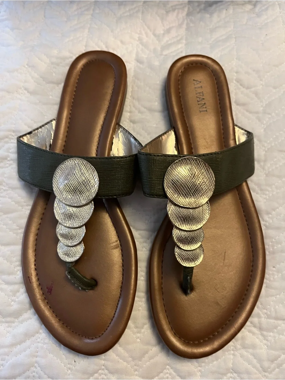 Alfani Olive Green and Brown Slide Sandals with Silver Discs